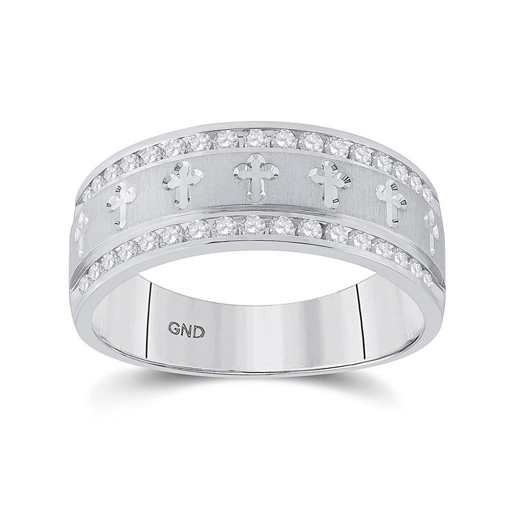 14kt White Gold Mens Round Diamond Wedding Cross Band Ring 1/2 Cttw