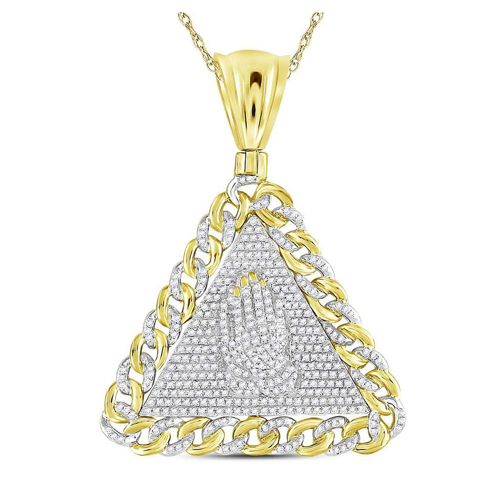 10kt Yellow Gold Mens Round Diamond Praying Hands Triangle Charm Pendant 1 Cttw