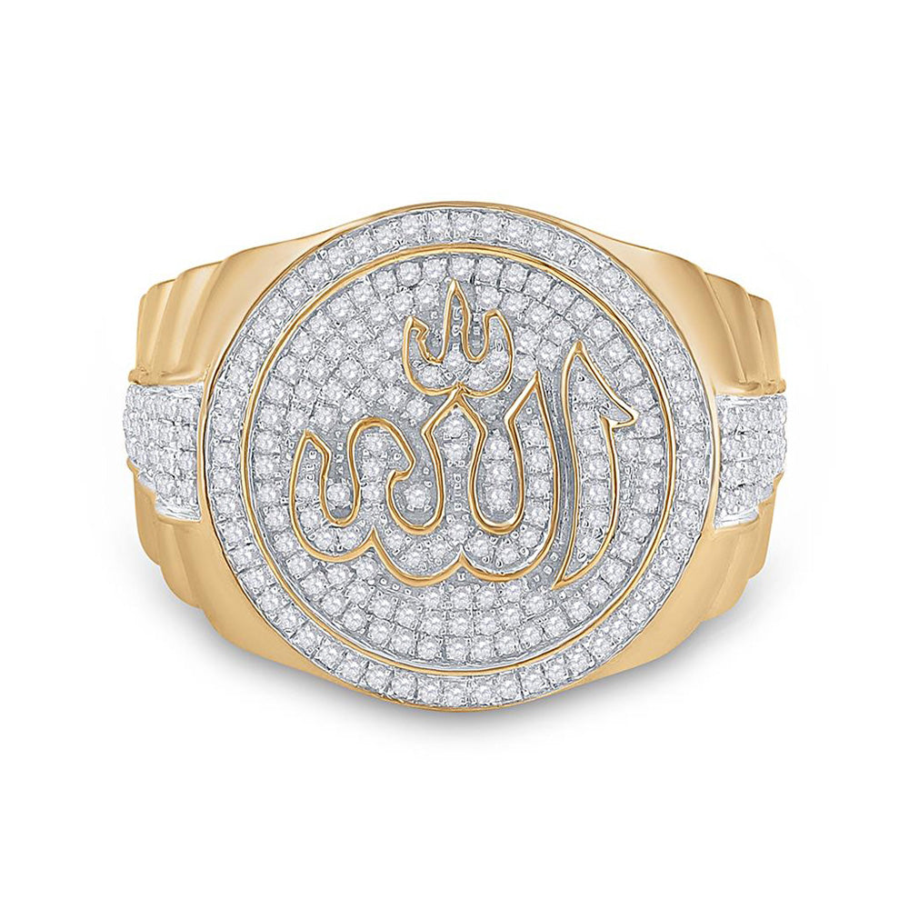 10kt Yellow Gold Mens Round Diamond Allah Islam Circle Ring 3/4 Cttw