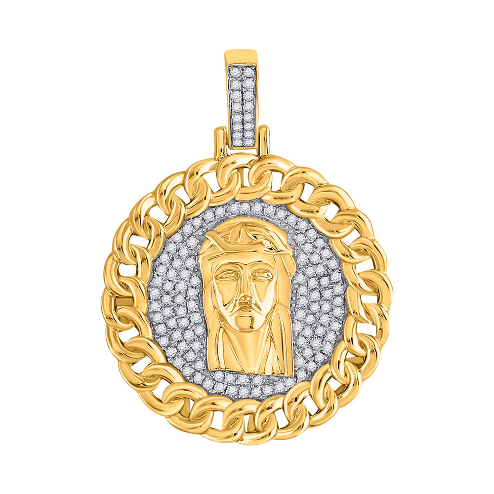 10kt Yellow Gold Mens Round Diamond Cuban Link Circle Jesus Face Pendant 1 Cttw