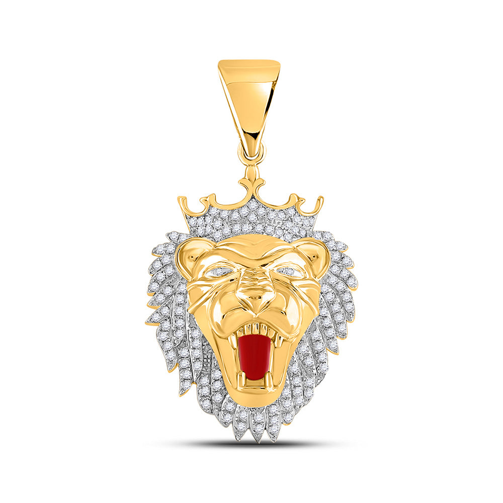 10kt Yellow Gold Mens Round Diamond King Lion Crown Charm Pendant 1 Cttw