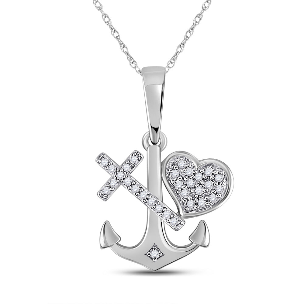 10kt White Gold Womens Round Diamond Anchor Cross Heart Pendant 1/12 Cttw