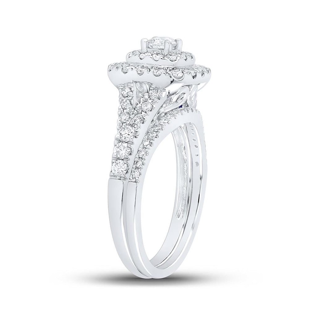 14kt White Gold Round Diamond Halo Bridal Wedding Ring Band Set 1 Cttw