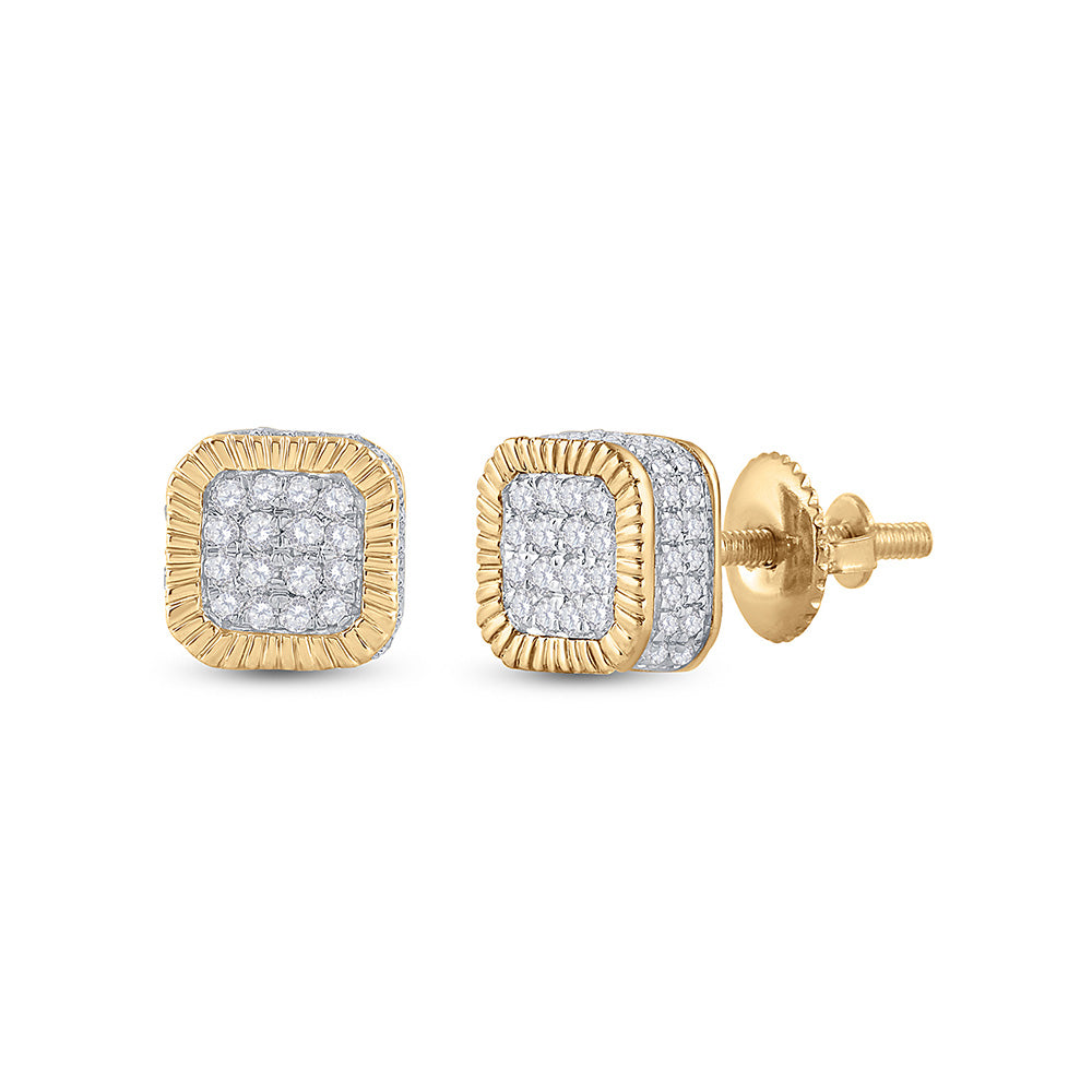 10kt Yellow Gold Mens Round Diamond Cluster Fluted Square Stud Earrings 1/2 Cttw