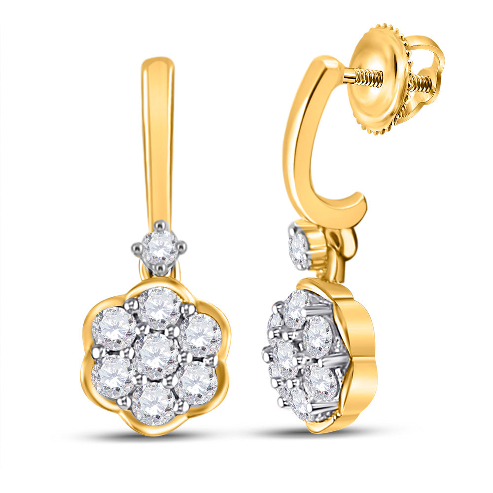 10kt Yellow Gold Womens Round Diamond Flower Dangle Earrings 1/2 Cttw