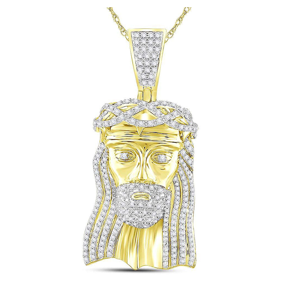 10kt Yellow Gold Mens Round Diamond Jesus Face Charm Pendant 3 Cttw