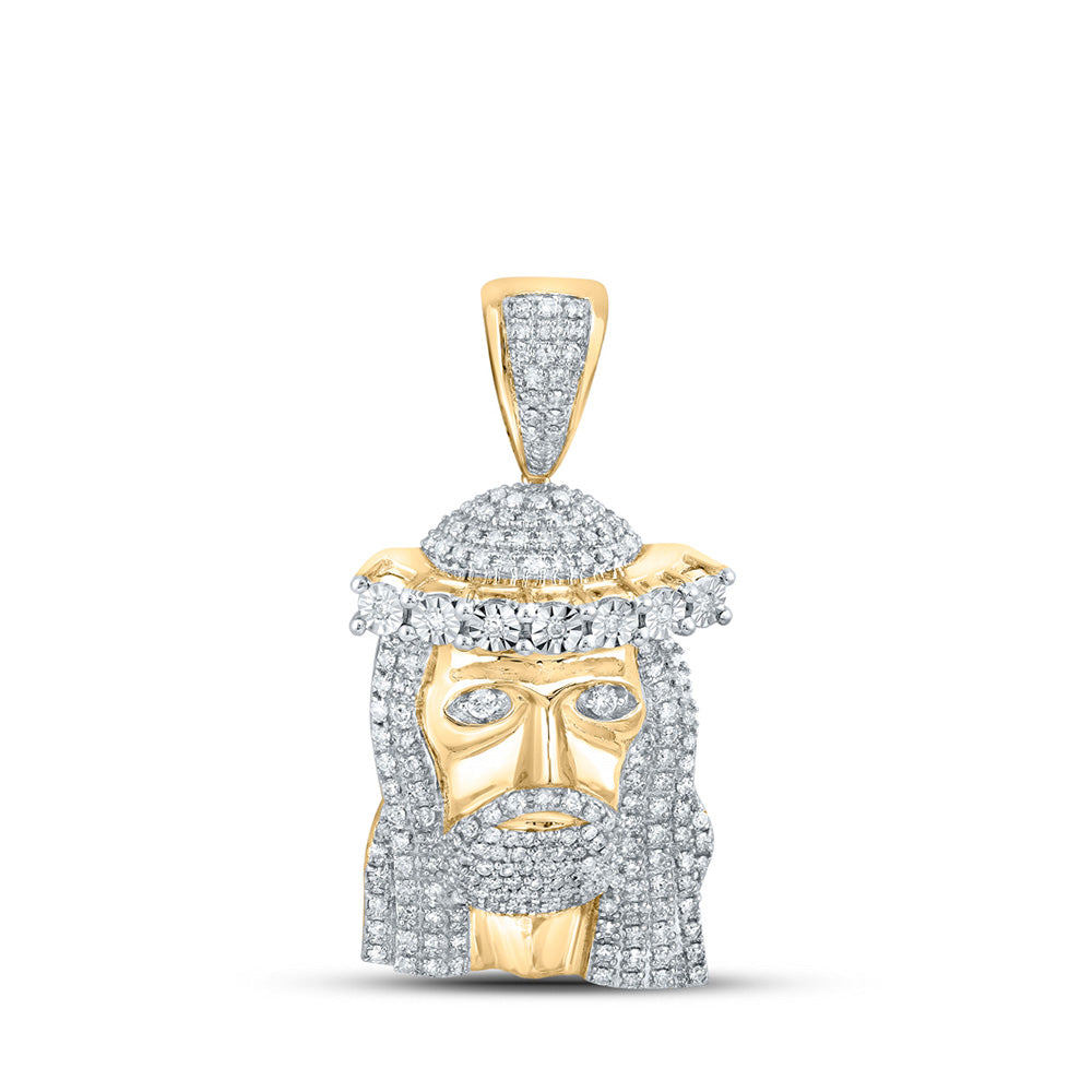 10kt Yellow Gold Mens Round Diamond Jesus Face Charm Pendant 1-1/2 Cttw