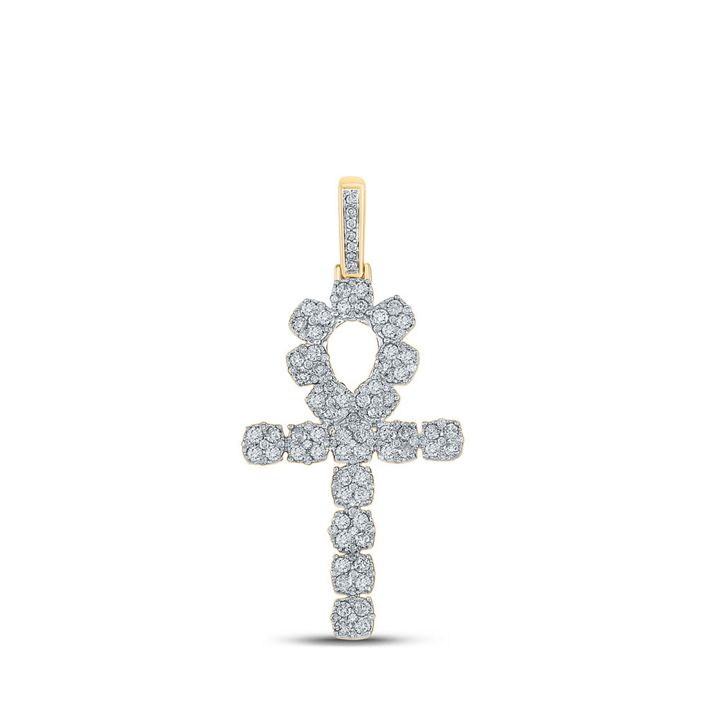 10kt Yellow Gold Mens Round Diamond Ankh Cross Charm Pendant 1-1/4 Cttw