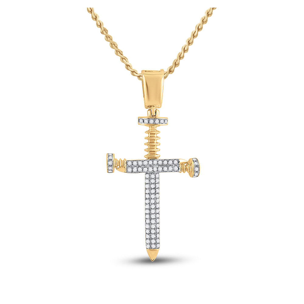 10kt Yellow Gold Mens Round Diamond Nail Cross Charm Pendant 3/8 Cttw