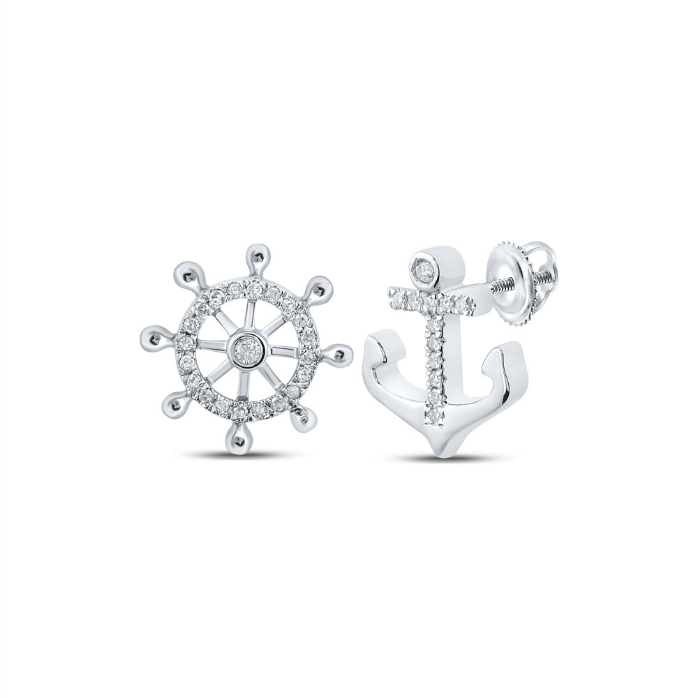 10kt White Gold Womens Round Diamond Anchor Wheel Stud Earrings 1/10 Cttw