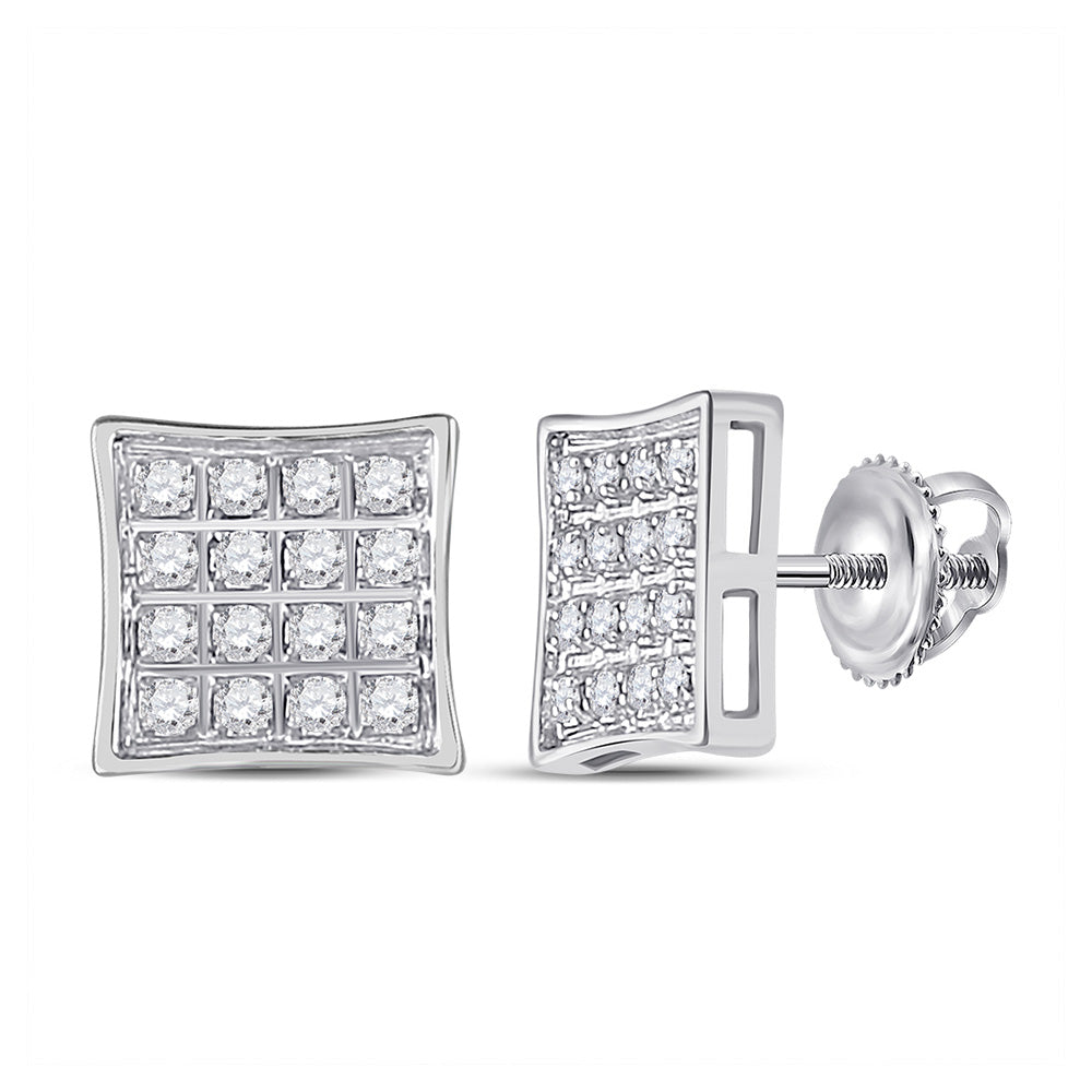 10kt White Gold Mens Round Diamond Square Earrings 1/10 Cttw