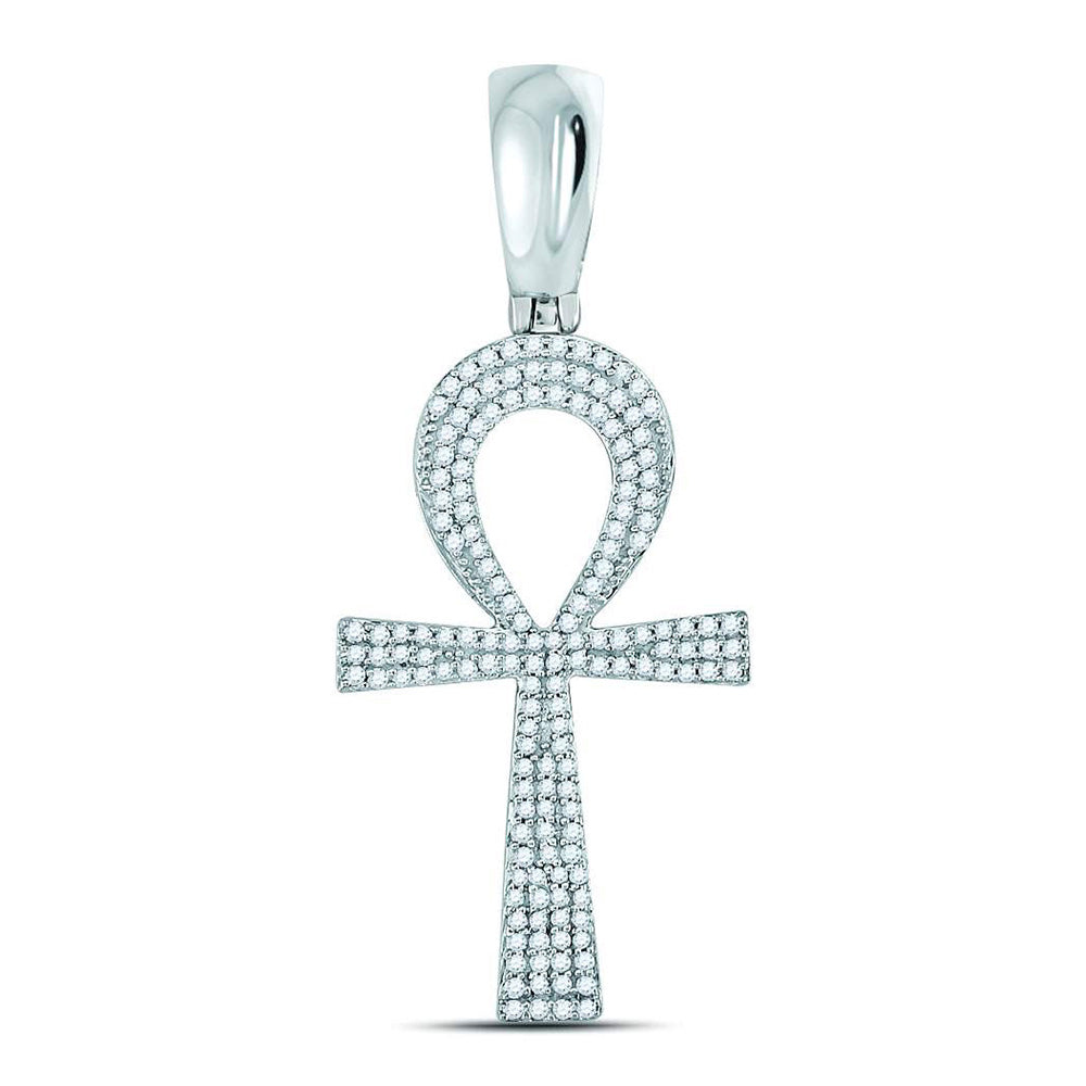 10kt White Gold Mens Round Diamond Ankh Cross Charm Pendant 1/2 Cttw