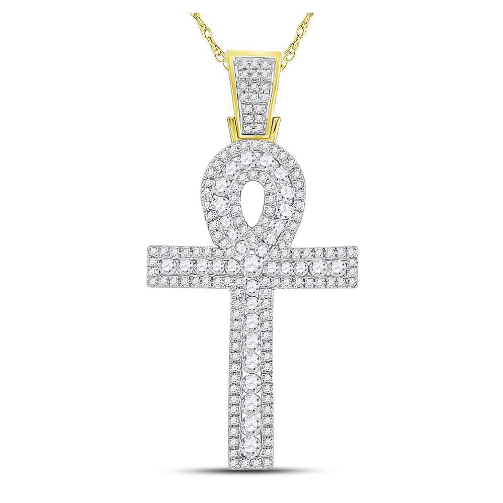 10kt Yellow Gold Mens Round Diamond Ankh Cross Charm Pendant 1 Cttw