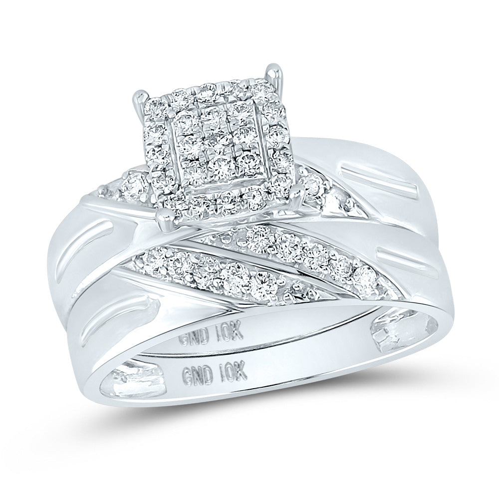 10kt White Gold His Hers Round Diamond Square Matching Wedding Set 5/8 Cttw