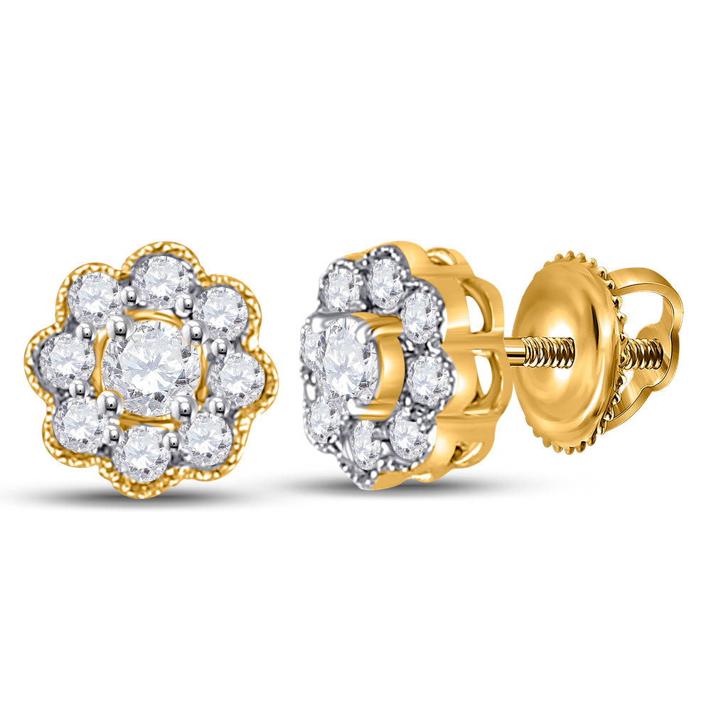 14kt Yellow Gold Womens Round Diamond Flower Cluster Earrings 1/4 Cttw