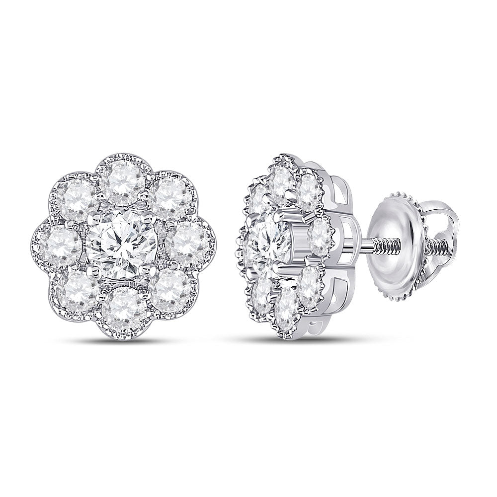 14kt White Gold Womens Round Diamond Flower Cluster Earrings 2 Cttw