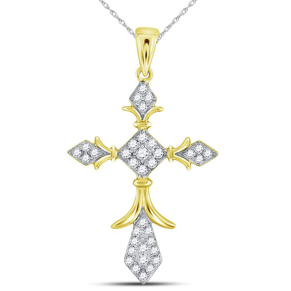 14kt Yellow Gold Womens Round Diamond Fleur Cross Pendant 1/4 Cttw