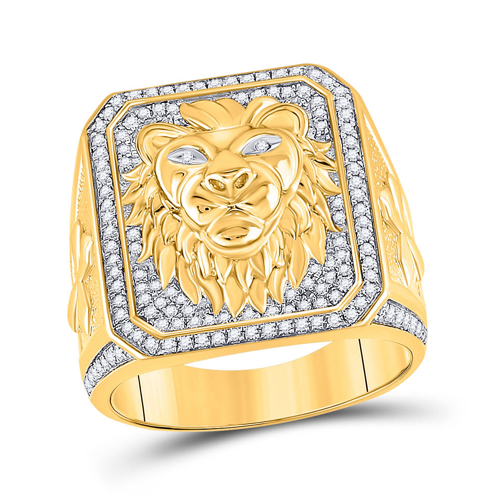 10kt Yellow Gold Mens Round Diamond Lion Face Fashion Ring 5/8 Cttw