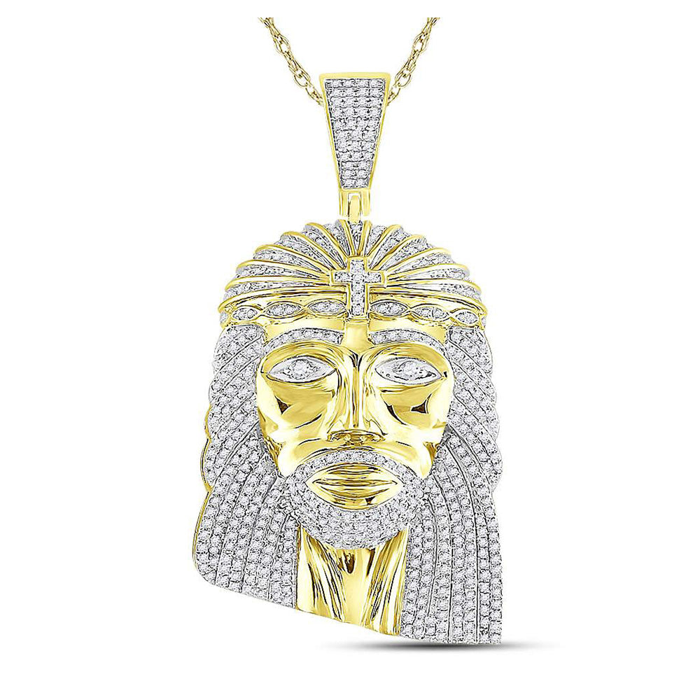 10kt Yellow Gold Mens Round Diamond Jesus Face Charm Pendant 1-1/4 Cttw