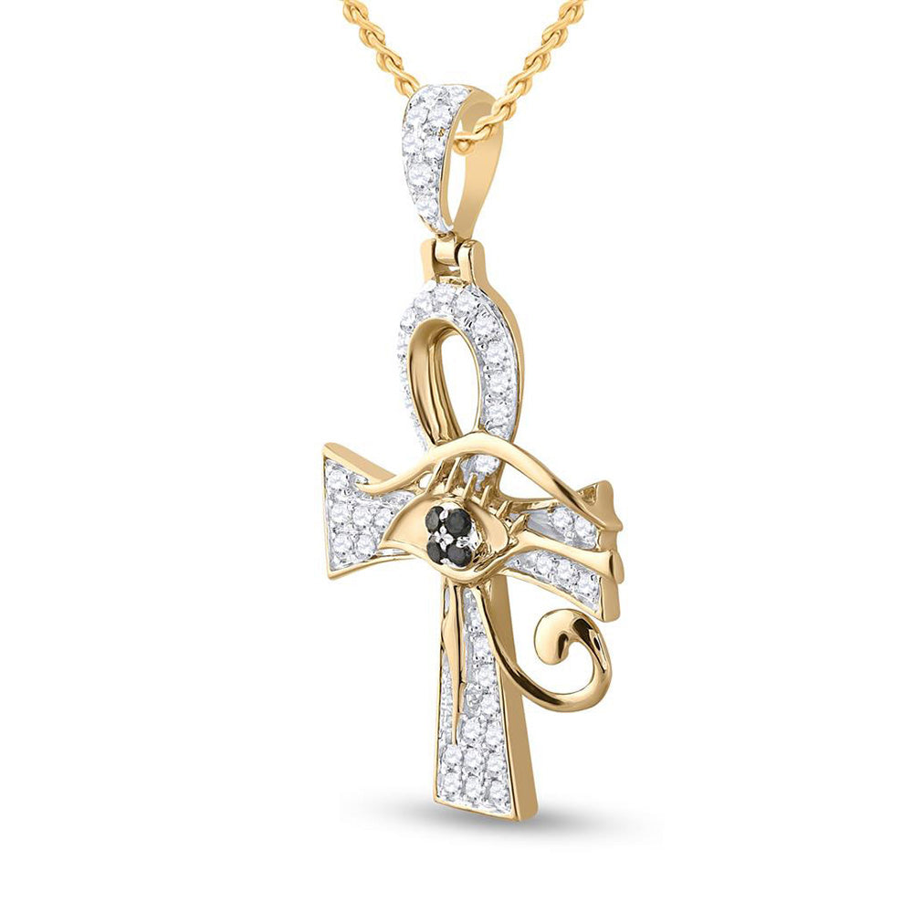 10kt Yellow Gold Mens Round Black Color Enhanced Diamond Ankh Cross Charm Pendant 1/2 Cttw