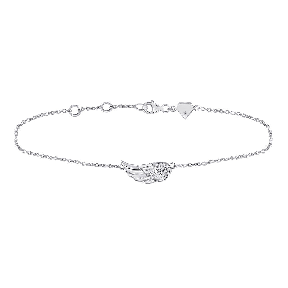 Sterling Silver Womens Round Diamond Angel Wing Bracelet 1/20 Cttw