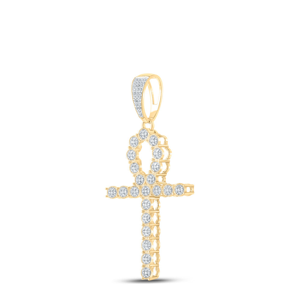 10kt Yellow Gold Mens Round Diamond Ankh Cross Charm Pendant 5/8 Cttw