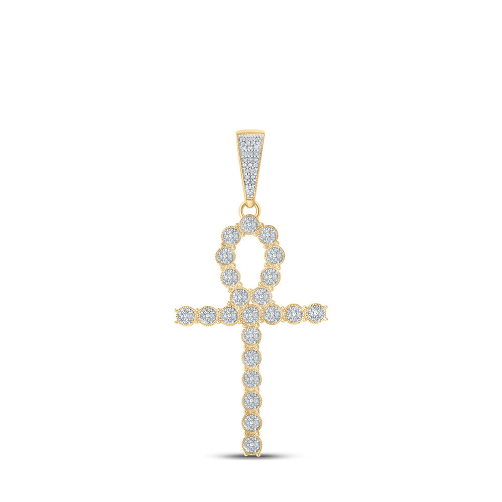 10kt Yellow Gold Mens Round Diamond Ankh Cross Charm Pendant 5/8 Cttw