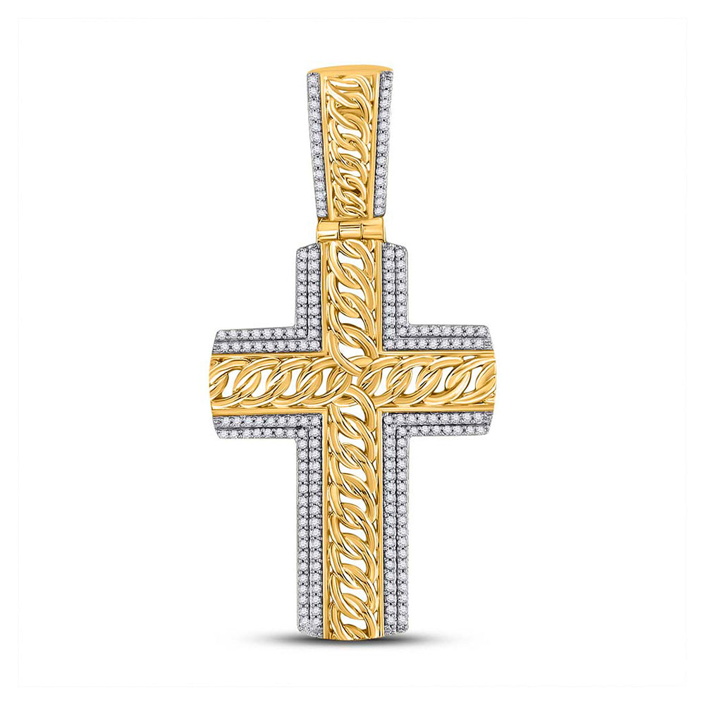 10kt Yellow Gold Mens Round Diamond Curb Link Cross Charm Pendant 1/2 Cttw