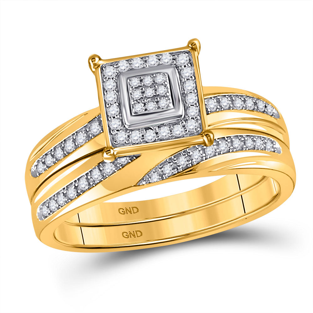 10kt Yellow Gold His Hers Round Diamond Square Matching Wedding Set 1/5 Cttw