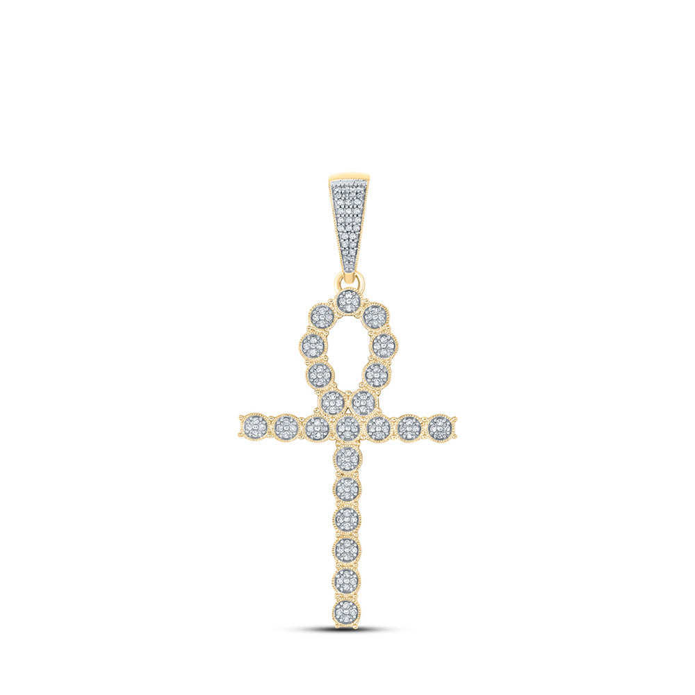 10kt Yellow Gold Mens Round Diamond Ankh Cross Charm Pendant 1/3 Cttw