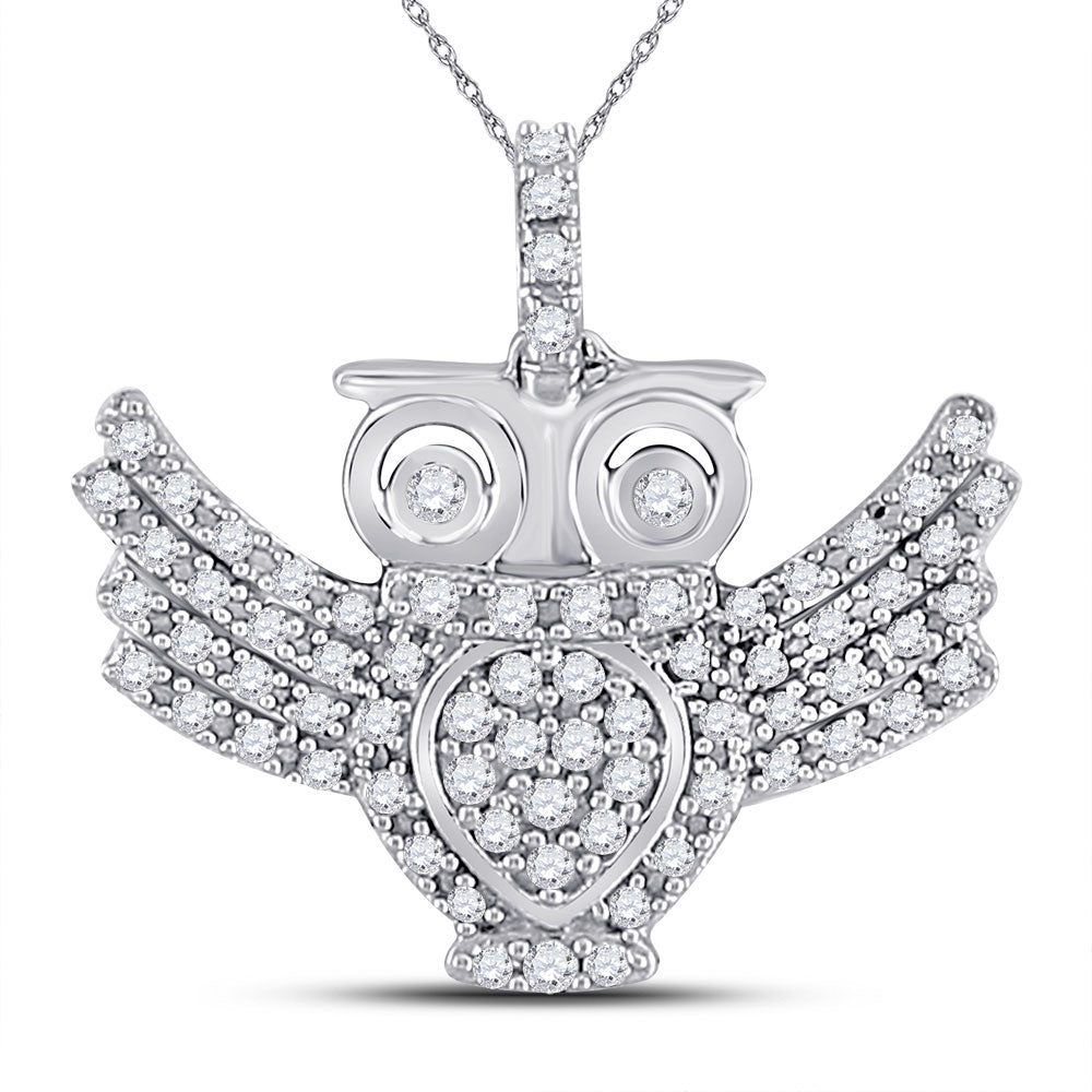 10kt White Gold Womens Round Diamond Owl Bird Animal Pendant 1/4 Cttw