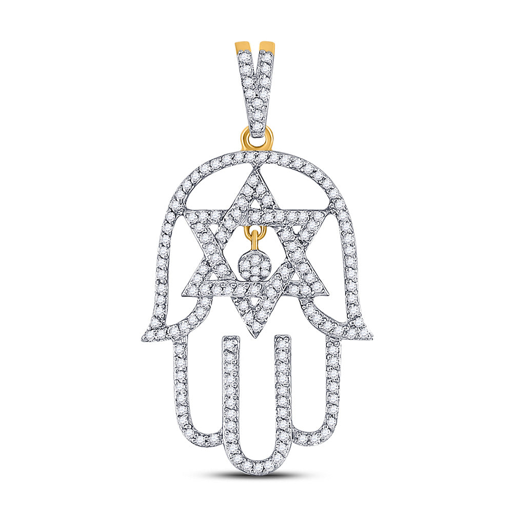 10kt Yellow Gold Mens Round Diamond Hamsa Star of David Charm Pendant 1/2 Cttw