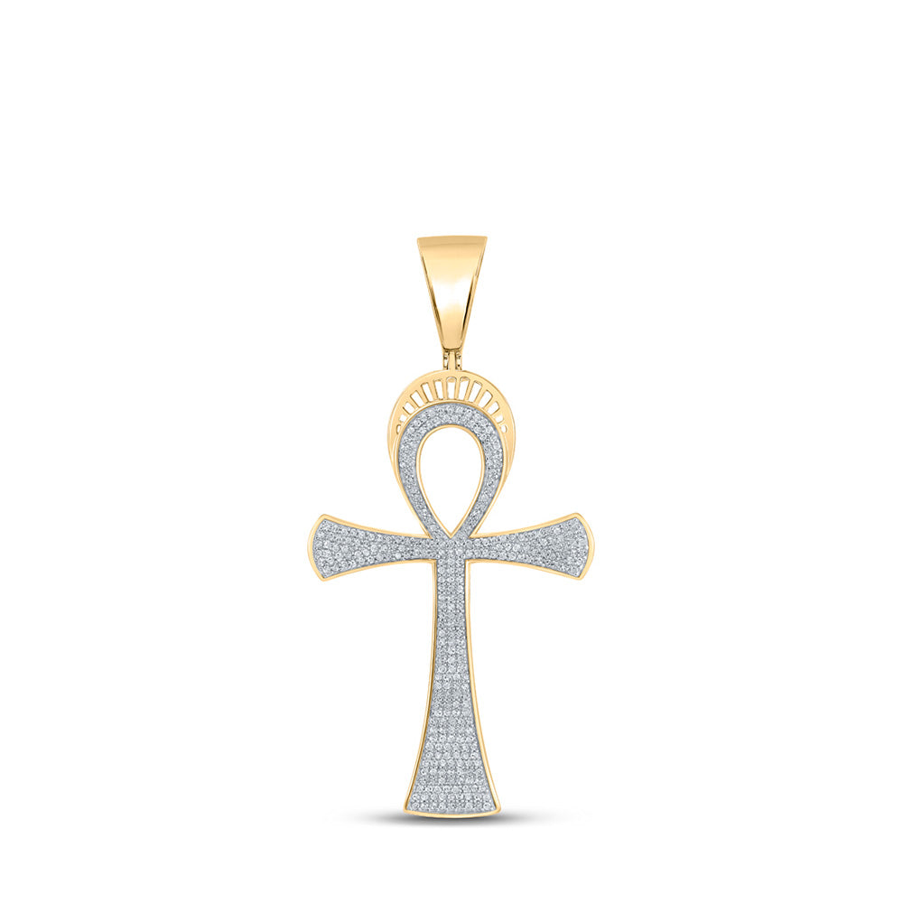 10kt Yellow Gold Mens Round Diamond Ankh Cross Charm Pendant 3/4 Cttw