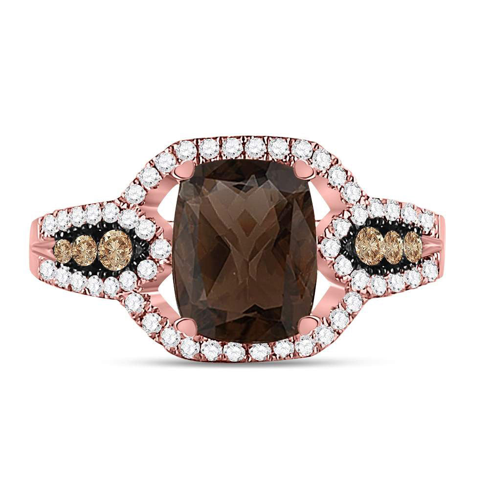 10kt Rose Gold Womens Cushion Smoky Quartz Brown Diamond Solitaire Ring 2-1/3 Cttw