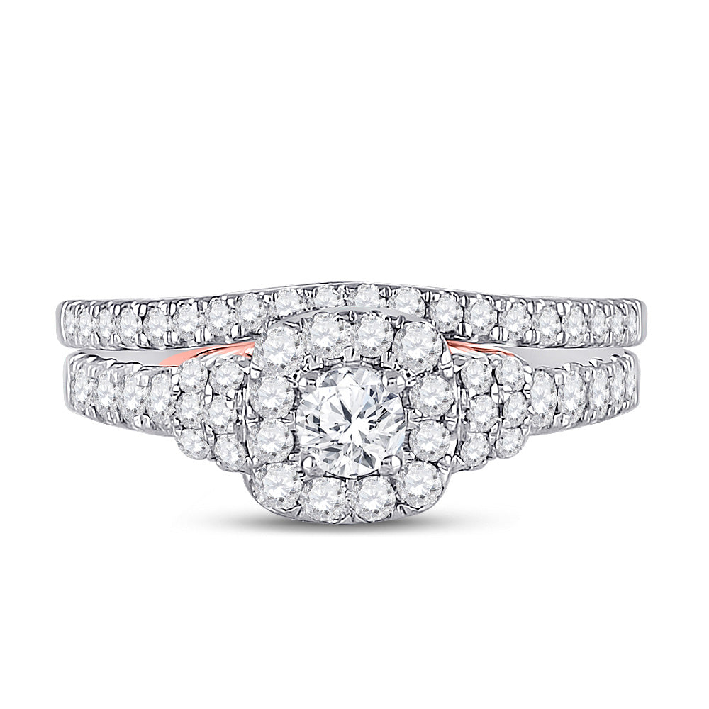 14kt Two-tone Gold Round Diamond Halo Bridal Wedding Ring Band Set 1 Cttw