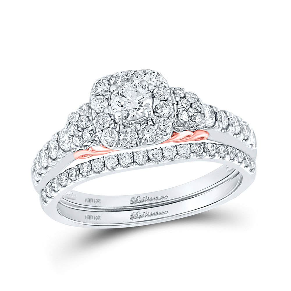 14kt Two-tone Gold Round Diamond Halo Bridal Wedding Ring Band Set 1 Cttw