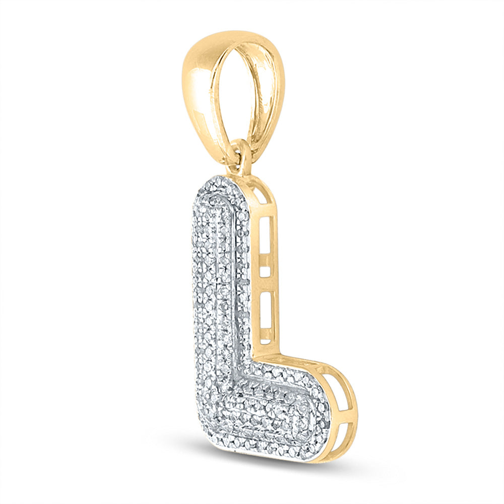 10kt Yellow Gold Mens Round Diamond Bubble L Letter Charm Pendant 3/8 Cttw