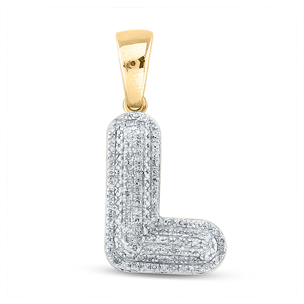 10kt Yellow Gold Mens Round Diamond Bubble L Letter Charm Pendant 3/8 Cttw