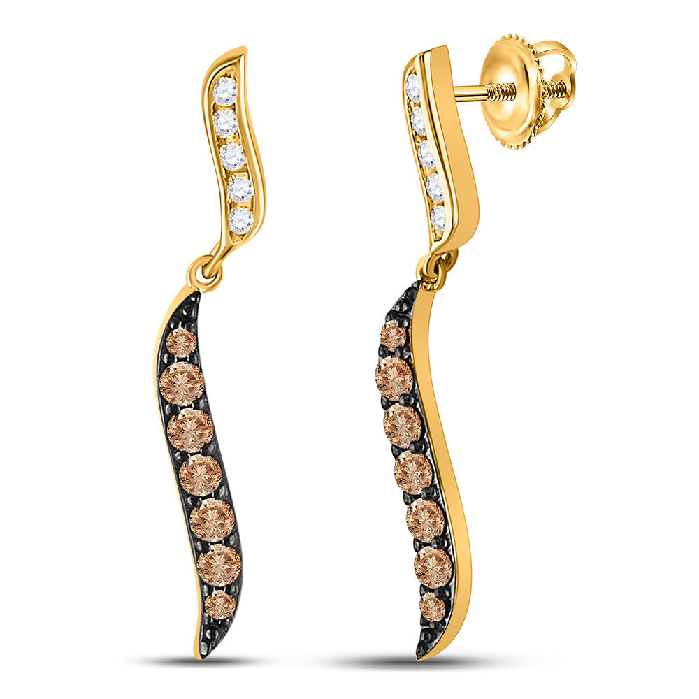 10kt Yellow Gold Womens Round Brown Diamond Dangle Earrings 1/2 Cttw