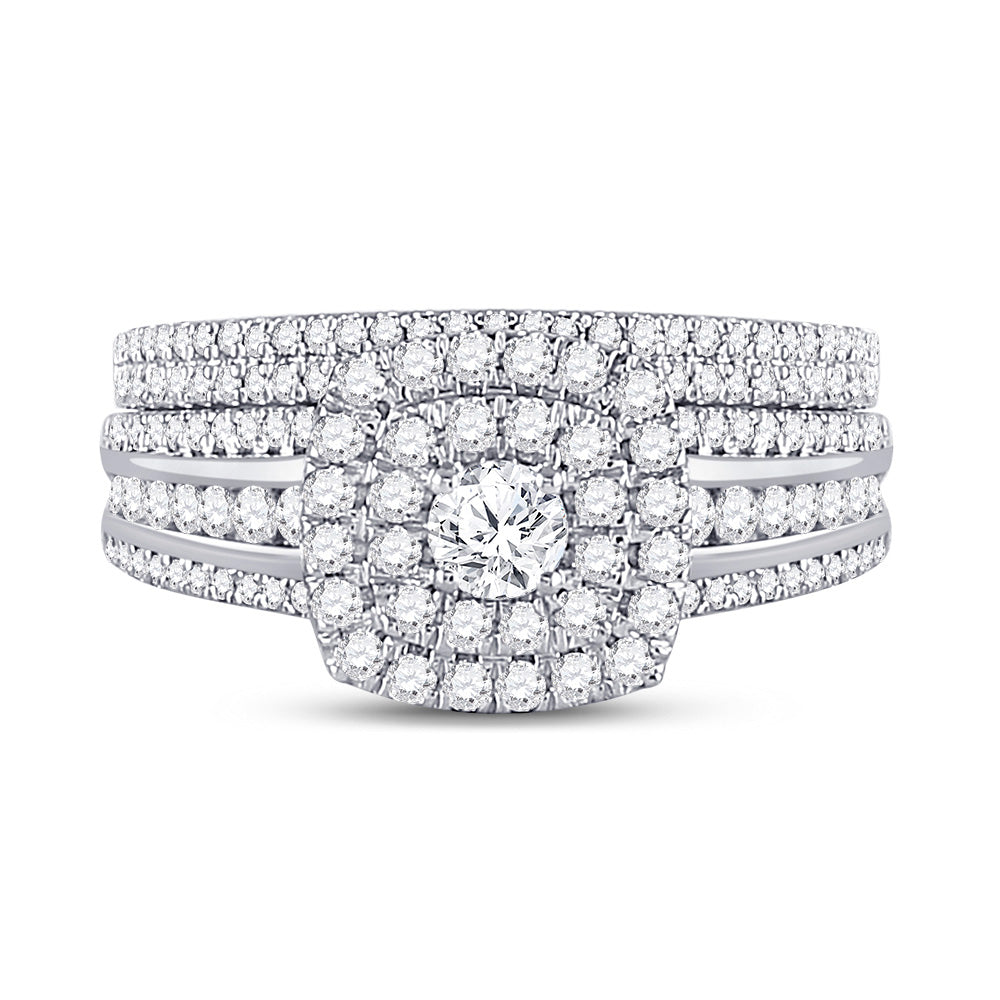 14kt White Gold Round Diamond Square Halo Bridal Wedding Ring Band Set 1 Cttw