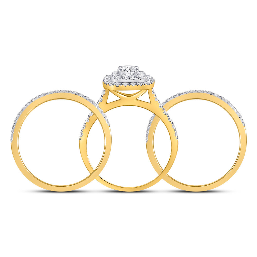 14kt Yellow Gold Round Diamond Halo Bridal Wedding Ring Band Set 1-1/2 Cttw
