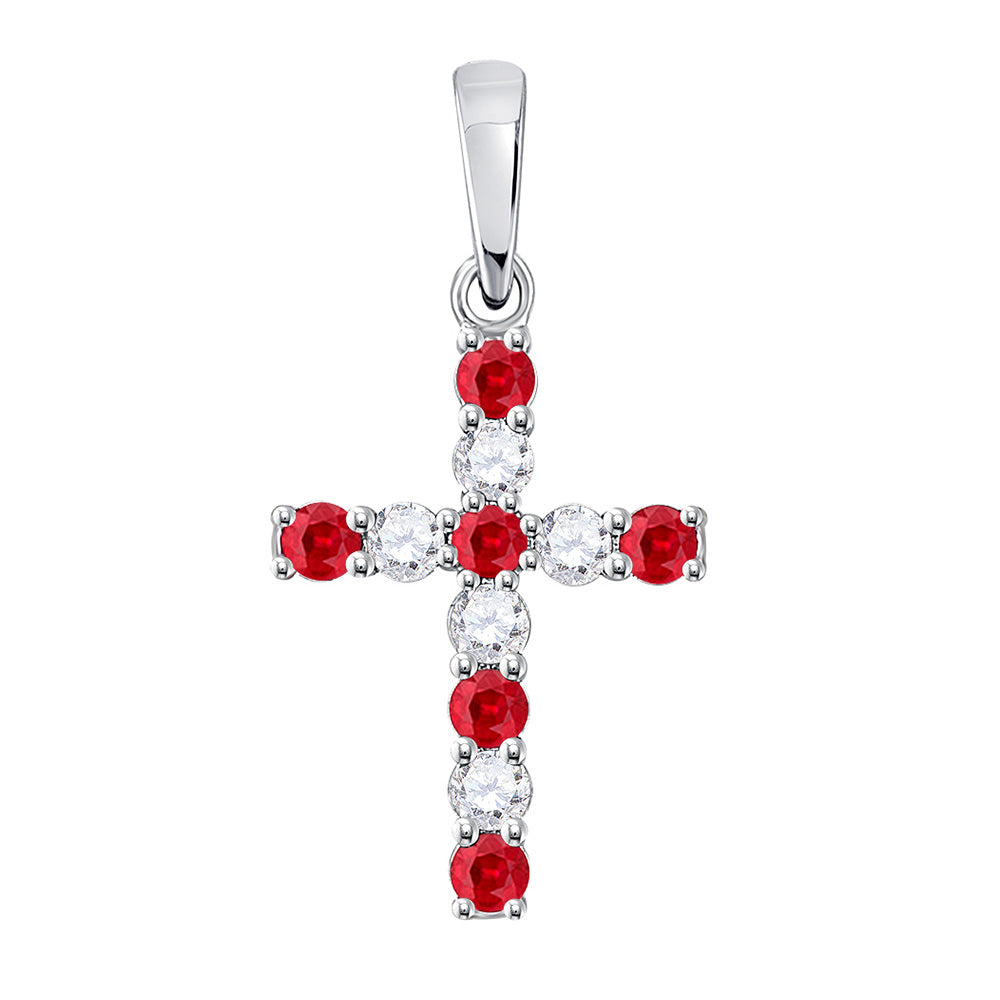 10kt White Gold Womens Round Lab-Created Ruby Faith Cross Pendant 3/8 Cttw