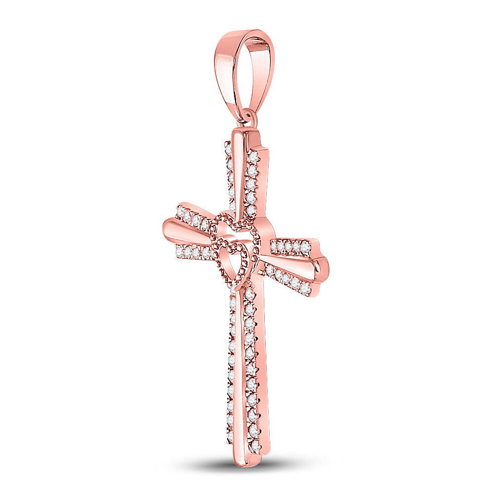 10kt Rose Gold Womens Round Diamond Heart Cross Pendant 1/4 Cttw