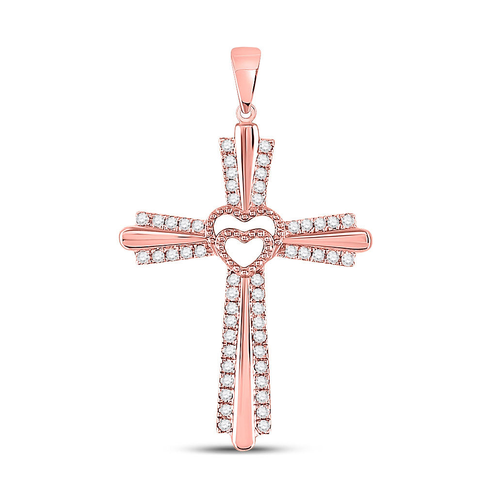 10kt Rose Gold Womens Round Diamond Heart Cross Pendant 1/4 Cttw