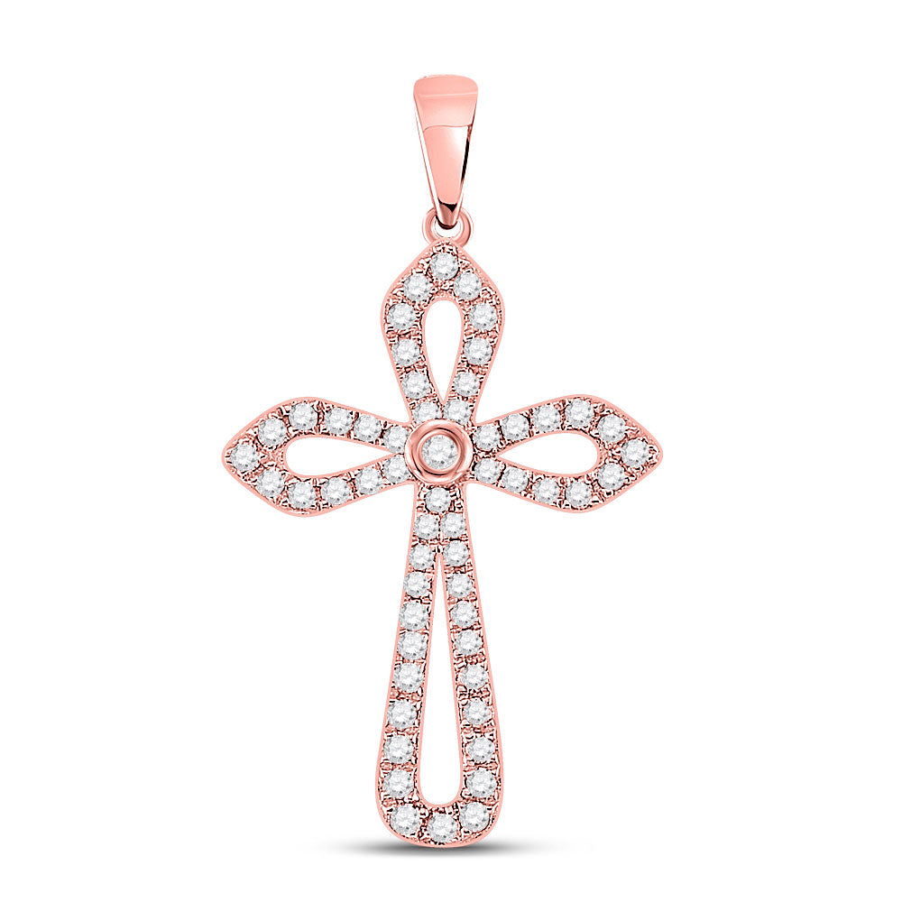 10kt Rose Gold Womens Round Diamond Cross Pendant 1/3 Cttw