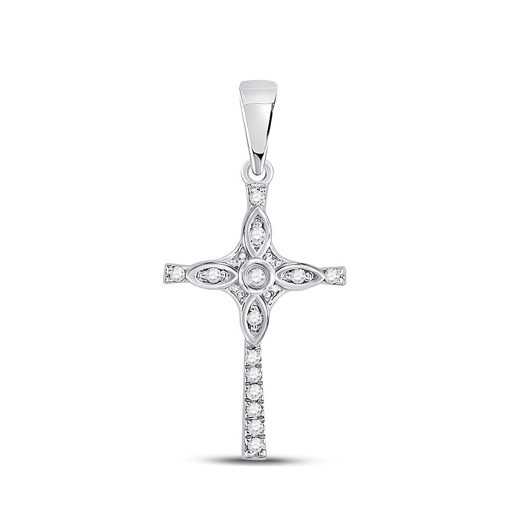 10kt White Gold Womens Round Diamond Cross Pendant 1/12 Cttw