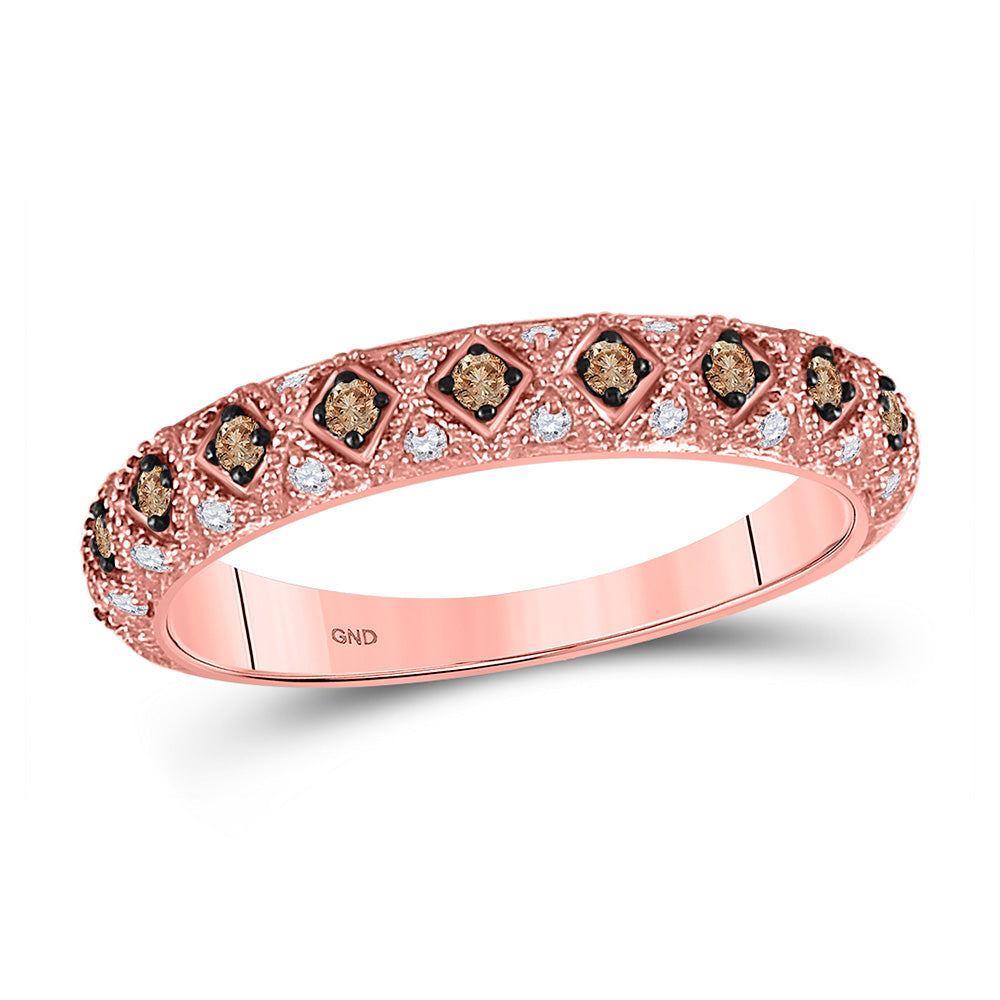 10kt Rose Gold Womens Round Brown Diamond Anniversary Band Ring 1/3 Cttw