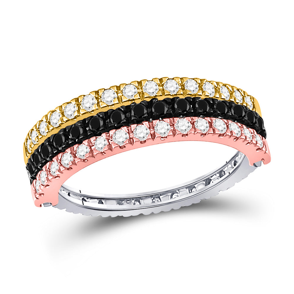 10kt Tri-Tone Gold Womens Round Black Color Enhanced Diamond Convertible Band Ring 1 Cttw