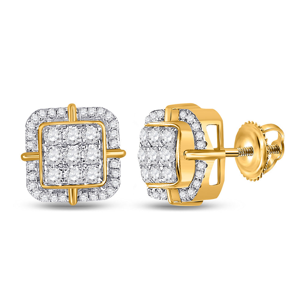 10kt Yellow Gold Mens Round Diamond Square Earrings 3/4 Cttw