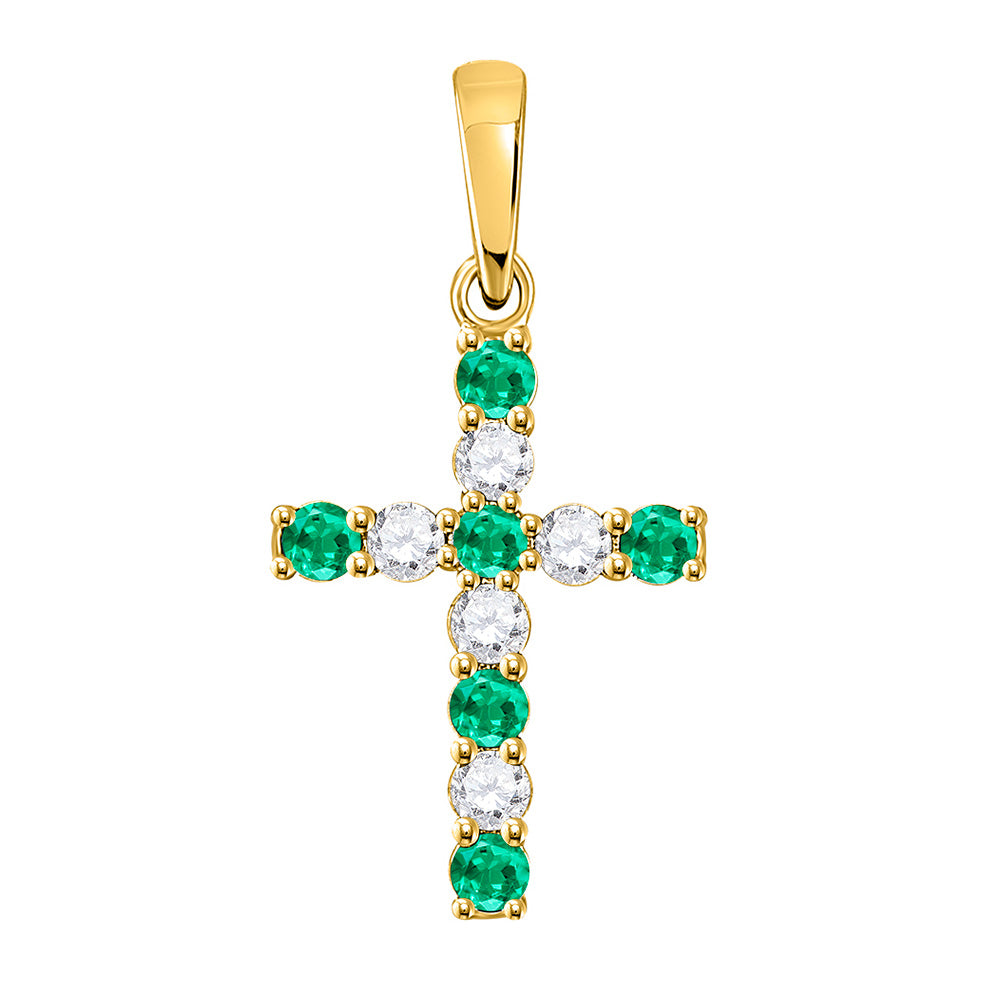 10kt Yellow Gold Womens Round Lab-Created Emerald Cross Pendant 1/3 Cttw